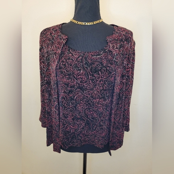 Alex Evenings Petite Vintage Red Sparkly Paisley Jacket Set Sz Petite Medium - Picture 1 of 12